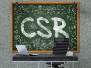 CSR- Corporate Social Responsibility - Handwritten Inscription by Chalk on Green Chalkboard with Doodle Icons Around. Business Concept in the Interior on the Gray Concrete Wall Background. 3D.