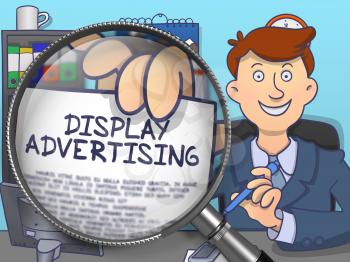 Display Advertising. Paper with Text in Man's Hand through Magnifier. Multicolor Doodle Illustration.