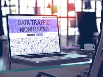 Data Traffic Monitoring Concept - Closeup on Landing Page of Laptop Screen in Modern Office Workplace. Toned Image with Selective Focus. 3D Render.