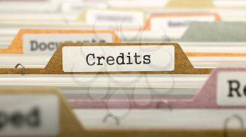 Credits on Business Folder in Multicolor Card Index. Closeup View. Blurred Image. 3D Render.