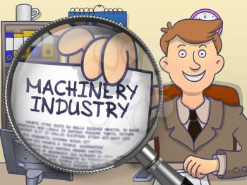 Machinery Industry. Paper with Concept in Businessman's Hand through Magnifying Glass. Multicolor Modern Line Illustration in Doodle Style.