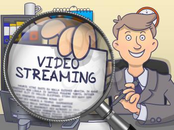 Video Streaming through Lens. Man Shows Text on Paper. Closeup View. Colored Doodle Illustration.