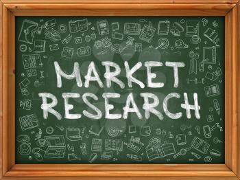 Market Research - Hand Drawn on Chalkboard. Market Research with Doodle Icons Around.