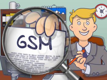 Business Man in Suit Holding a Paper with GSM Concept. Closeup View through Magnifying Glass. Multicolor Doodle Style Illustration.