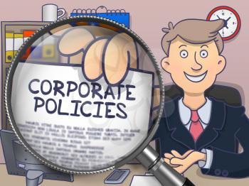 Corporate Policies. Paper with Inscription in Business Man's Hand through Lens. Colored Modern Line Illustration in Doodle Style.