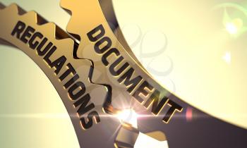 Document Regulations - Concept. Document Regulations on Golden Metallic Cogwheels. Document Regulations on the Mechanism of Golden Metallic Cog Gears with Glow Effect. 3D.
