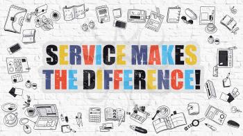 Service Makes The Difference Concept. Service Makes The Difference Drawn on White Brick Wall. Service Makes The Difference in Multicolor. Doodle Design Style of Service Makes The Difference.