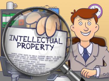 Intellectual Property on Paper in Businessman's Hand to Illustrate a Business Concept. Closeup View through Lens. Colored Modern Line Illustration in Doodle Style.