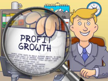 Business Man in Suit Holds Out a Paper with Profit Growth Concept through Magnifier. Closeup View. Colored Modern Line Illustration in Doodle Style.