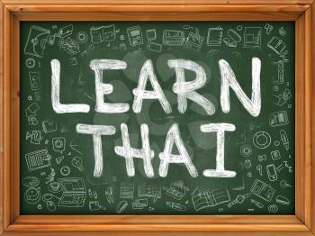Learn Thai Concept. Line Style Illustration. Learn Thai Handwritten on Green Chalkboard with Doodle Icons Around. Doodle Design Style of  Learn Thai.