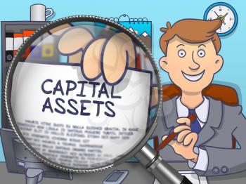 Capital Assets on Paper in Officeman's Hand to Illustrate a Business Concept. Closeup View through Lens. Colored Modern Line Illustration in Doodle Style.