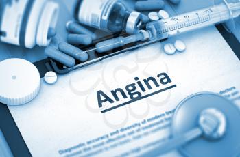Angina, Medical Concept with Selective Focus. Angina - Printed Diagnosis with Blurred Text. 3D Render.