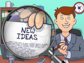 New Ideas. Stylish Businessman in Office Showing a Text on Paper through Magnifier. Multicolor Doodle Illustration.