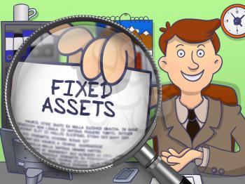 Fixed Assets. Successful Businessman Welcomes in Office and Holds Out a Paper with Inscription through Magnifier. Multicolor Doodle Style Illustration.