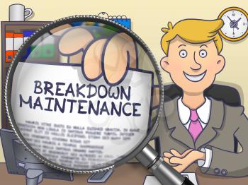 Breakdown Maintenance. Man in Office Workplace Showing through Magnifier Paper with Concept. Multicolor Modern Line Illustration in Doodle Style.