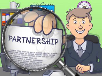 Partnership. Successful Business Man in Office Holding a Paper with Inscription through Magnifying Glass. Multicolor Modern Line Illustration in Doodle Style.