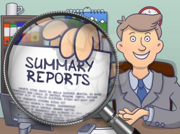 Summary Reports through Lens. Successful Man Welcomes in Office and Holding a Paper with Inscription. Colored Doodle Illustration.