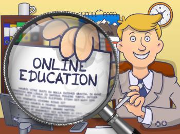 Online Education. Man Shows Concept on Paper through Lens. Colored Doodle Illustration.