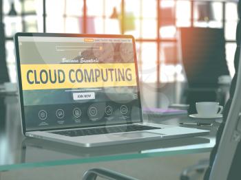Cloud Computing Concept - Closeup on Laptop Screen in Modern Office Workplace. Toned Image with Selective Focus. 3D Render.