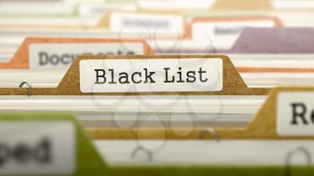Black List on Business Folder in Multicolor Card Index. Closeup View. Blurred Image. 3D Render.
