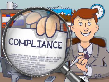 Officeman Showing Paper with Concept Compliance. Closeup View through Magnifying Glass. Colored Doodle Style Illustration.