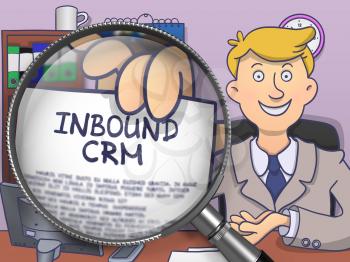 Inbound CRM through Lens. Officeman Welcomes in Office and Holds Out Paper with Inscription. Multicolor Doodle Illustration.