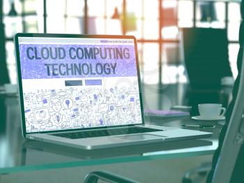 Cloud Computing Technology Concept. Closeup Landing Page on Laptop Screen in Doodle Design Style. On Background of Comfortable Working Place in Modern Office. Blurred, Toned Image. 3D Render.