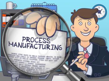 Business Man in Suit Shows Paper with Process Manufacturing Concept through Magnifying Glass. Closeup View. Multicolor Doodle Style Illustration.