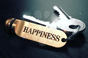Keys to Happiness - Concept on Golden Keychain over Black Wooden Background. Closeup View, Selective Focus, 3D Render. Toned Image.
