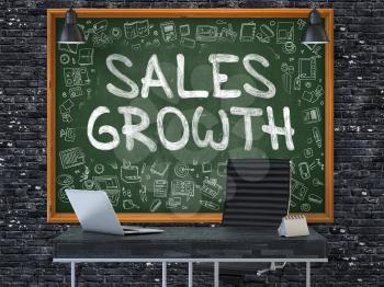 Sales Growth - Hand Drawn on Green Chalkboard in Modern Office Workplace. Illustration with Doodle Design Elements. 3D.