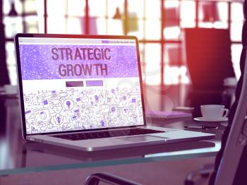 Strategic Growth Concept. Closeup Landing Page on Laptop Screen in Doodle Design Style. On Background of Comfortable Working Place in Modern Office. Blurred, Toned Image. 3D Render.