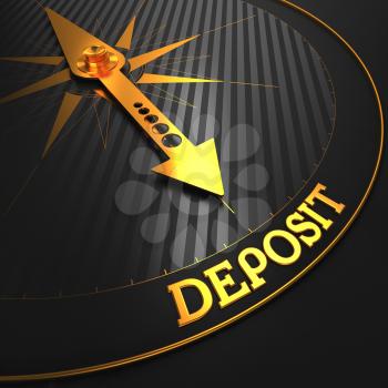 Deposit - Business Background. Golden Compass Needle on a Black Field Pointing to the Word Deposit. 3D Render.