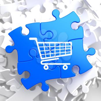 Icon of Shopping Cart on Blue Puzzle.