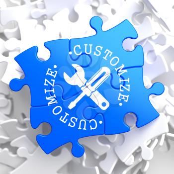 Customize Written Arround Icon of Crossed Screwdriver and Wrench on Blue Puzzle. Service Concept.