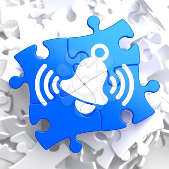 Ringing White Bell Icon on Blue Puzzle.
