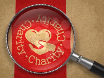 Magnifying Glass with Charity Word Written Arround Icon of Heart in the Hand on Old Paper with Red Vertical Line Background. Social Concept.