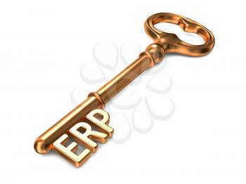 ERP -  Enterprise Resource Planning - Golden Key on White Background. Business Concept.