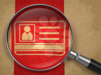 Magnifying Glass with ID Card Icon on Old Paper with Red Vertical Line Background. Identification Concept.