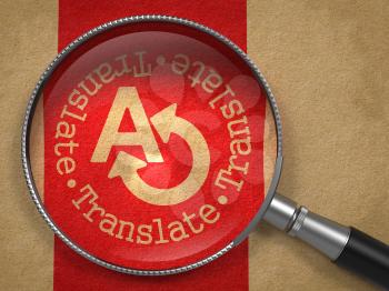 Magnifying Glass with Translating Concept on Old Paper with Red Vertical Line Background. Communication Concept.