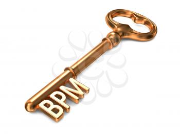 BPM - Business Performance Management or Business Process Management - Golden Key on White Background. Business Concept.