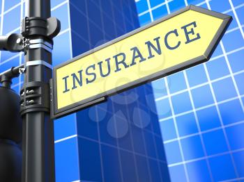 Insurance Word on Yellow Roadsign on Blue Urban Background. Business Concept.