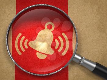 Magnifying Glass with Ringing Bell Icon on Old Paper with Red Vertical Line Background.