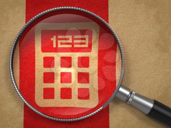Magnifying Glass with Icon of Calculator on Old Paper with Red Vertical Line Background.