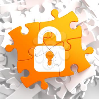 Security Concept - Icon of Opened Padlock - Located on Orange Puzzle.