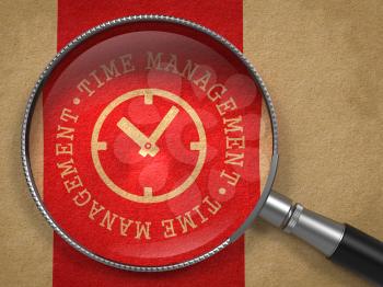 Magnifying Glass with Time Management Written Arround Icon of Clock Face on Old Paper with Red Vertical Line Background. Business Concept.