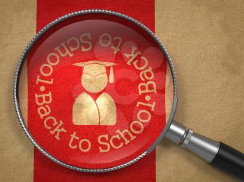Magnifying Glass with Back to School  Icon - Human Silhouette in Grad Hat on Old Paper with Red Vertical Line Background. Education Concept.