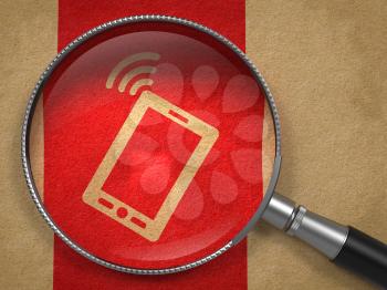Magnifying Glass with Smartphone Icon on Old Paper with Red Vertical Line Background. Mobile Technology Concept.