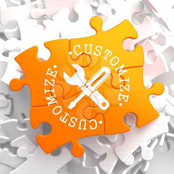 Customize Written Arround Icon of Crossed Screwdriver and Wrench on Orange Puzzle. Service Concept.