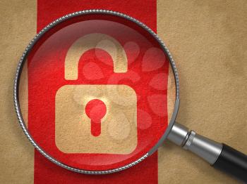 Magnifying Glass with Icon of Opened Padlock on Old Paper with Red Vertical Line Background. Security Concept.