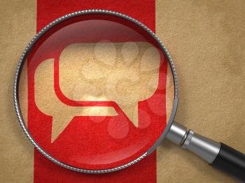Magnifying Glass with Speech Bubble Icon on Old Paper with Red Vertical Line Background. Communication Concept.